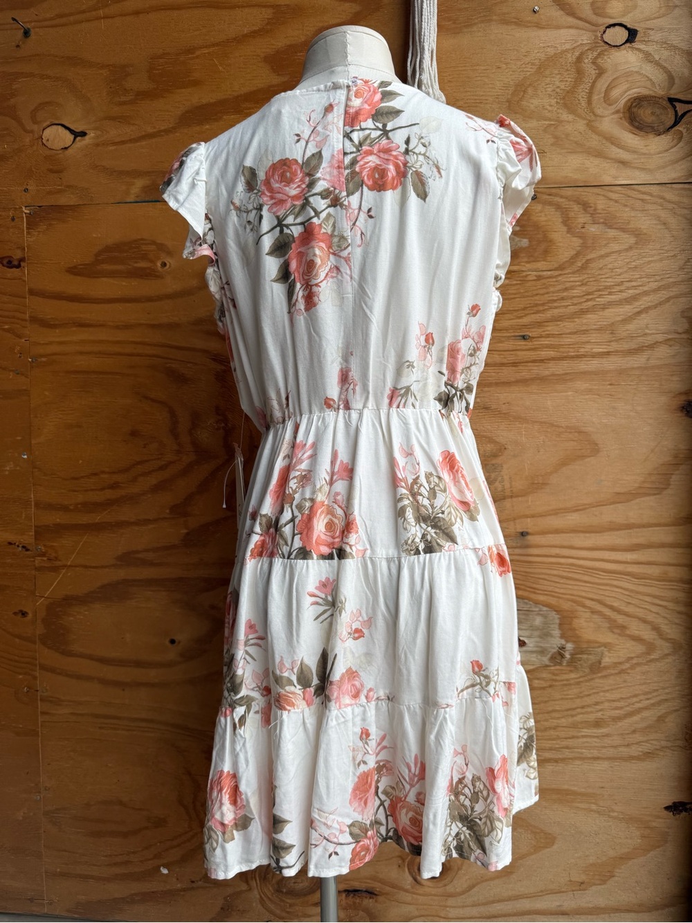 Floral White Mini Dress with Pink Rose Print - Picture 5 of 8